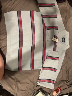 GAP Light Blue Polo Sweater with Red, Navy & Brown Stripes